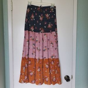 Dr2 Tiered Colorblock Floral Drawstring/Elastic Waist Maxi Skirt Sz 00 Boho